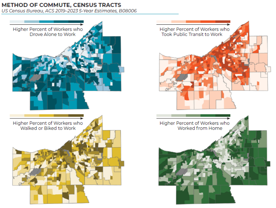 set of four maps showing commute methods of workers in Cuyahoga County