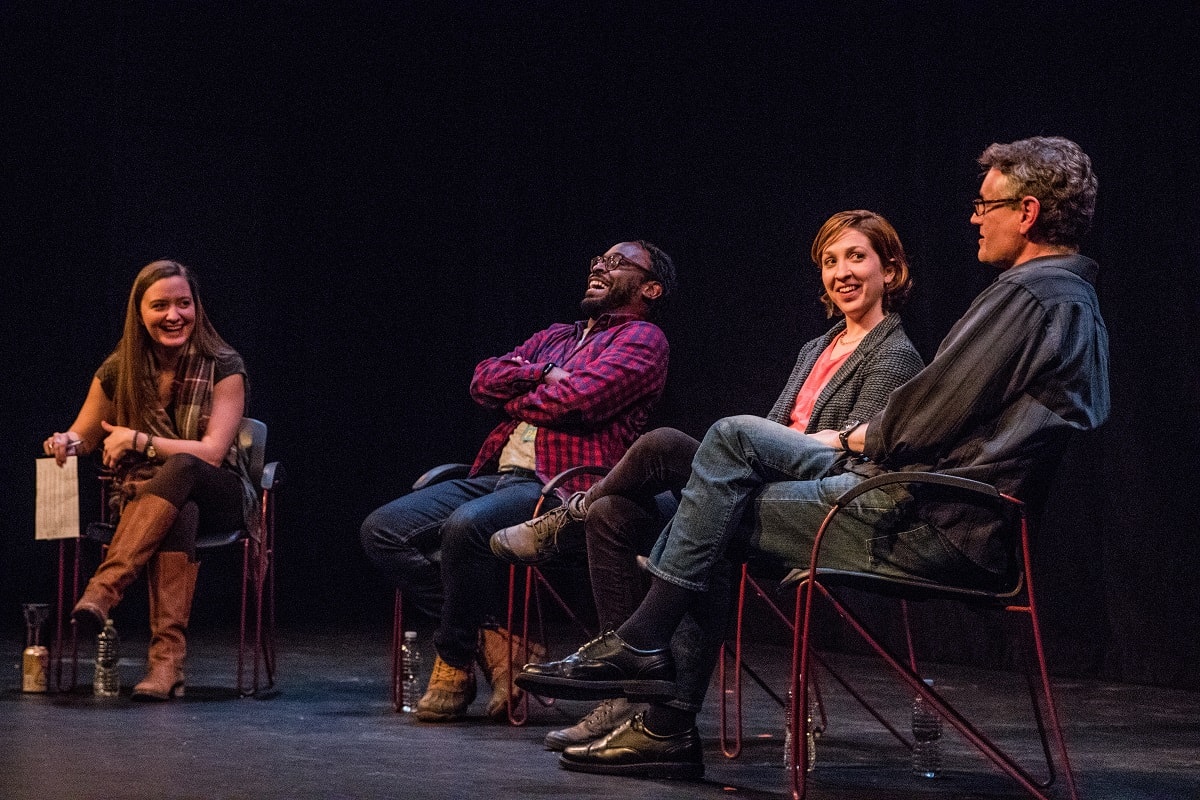 Pictured: "Getting Better as an Artist," a panel discussion as part of Entry Point 2018. Pictured (from left): Moderator & CPT Director of Audience Engagement & Media Relations Caitlin Lewins, Panelists James Ijames, Maura Krause, and Eric Coble. Photo by Steve Wagner.