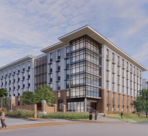 A perspective rendering of the proposed residence hall at the intersection of Sumter and Blossom streets. University of South Carolina