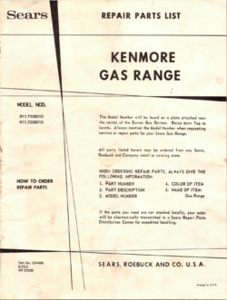 Kenmore Gas Range Repair Parts List Model 911.738310 PDF DOWNLOAD