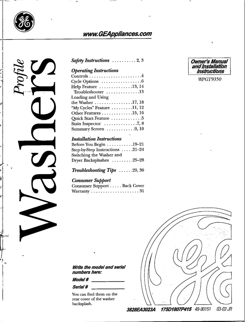 General Electric Profile Washers Manual and Installation Instructions