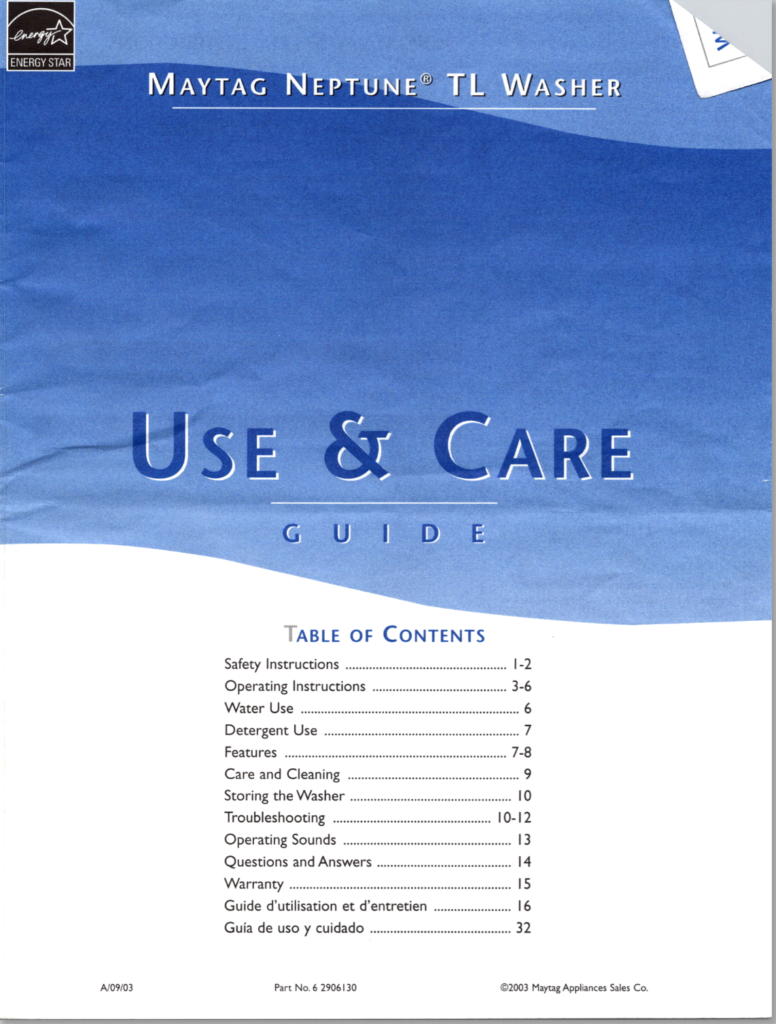 Maytag Neptune TL Washer User Guide PDF Download Lorain Furniture