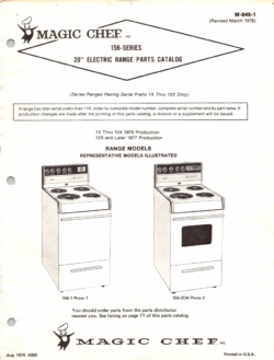 1975 Magic Chef 156 Series (156-1, 156-2CW) 20" Electric Range Parts Catalog
