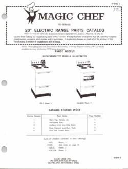 1971 Magic Chef 152 Series (152-1, 152-2CW) 20" Electric Range Parts Catalog