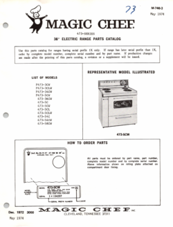 1974 Magic Chef 473 Series 36" Electric Range Parts Catalog