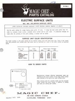1972 Magic Chef 853, 863, and 873 Series (853-1, X853-1, 863-1, 873-1, 873-1G) Electric Surface Units Parts Catalog