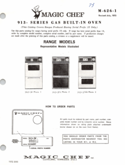 1972 Magic Chef 913 Series (913-3W, 3PX, 3PWW) Gas Built-in Oven Parts Catalog