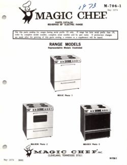 1974 Magic Chef 653 Series (653-3C, 3CW, 3CX) 30" Electric Ranges Parts Catalog
