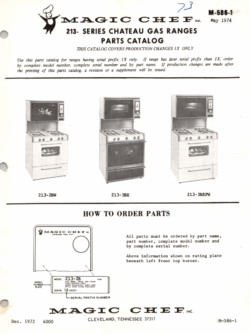 1974 Magic Chef 213 Series (213-2BW, 213-5BX, 213-5BEPW) Chateau Gas Ranges Parts Catalog