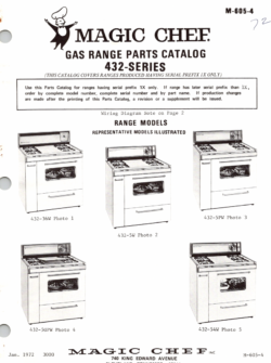 1972 Magic Chef 432 Series (432-36W, 5W, 5PW, 5GPW, 54W) Gas Range Parts Catalog