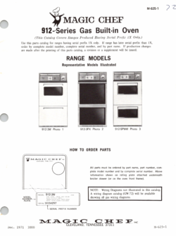 1971 Magic Chef 912 Series (912-3W, 912-3PX, 912-5PWW) Gas Built-in Oven Parts Catalog