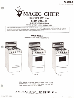 1977 Magic Chef 116 Series (1X-4X) 20" Gas Range Parts Catalog