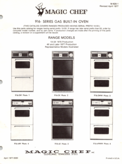 1977 Magic Chef 916 Series Gas Built in Oven Parts Catalog