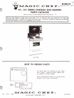 1971 Magic Chef 221, 227 Series (221-5BW, 221-5HLW, 227-5BW) Chateau Gas Ranges Parts Catalog