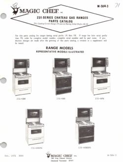 1971 Magic Chef 231 Series (231-6BW, 231-6BX, 231-6PW, 231-6EKPW, 231-EHKPX) Chateau Gas Ranges Parts Catalog