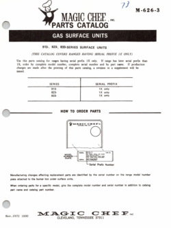 1972 Magic Chef 813, 823, 833 Series (813-1, 813-1E, 813-12, 823-1, 833-1, 833-1E, 833-1G, 833-1EG), Gas Surface Units Parts Catalog