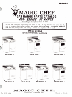 1975 Magic Chef 426 Series (426-10, 11W, 11GW, 12, 14, 15W, 15GW) 36" Gas Ranges Parts Catalog