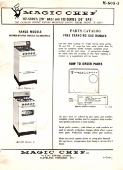 1971 Magic Chef 112 Series (112-1, 112-2W) 20" and 132 Series (132-1, 132-2W, 132-3GW, 132-34W) 36" Gas Ranges Parts Catalog