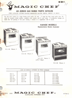 1971 Magic Chef 611 Series (611-2W, 611-4W, 611-4X) Gas Range Parts Catalog