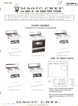 1973 Magic Chef 333 Series (333-5W, 333-5PX, 333-5PW, 333-36W, 333-34W) 30" Gas Range Parts Catalog