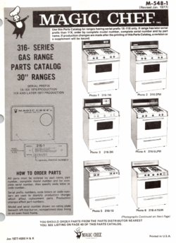 1977 Magic Chef 316 Series (316-1W, 316-2PW, 316-3W, 316-5LPW, 316-10, 316-A10JW) 30" Gas Range Parts Catalog