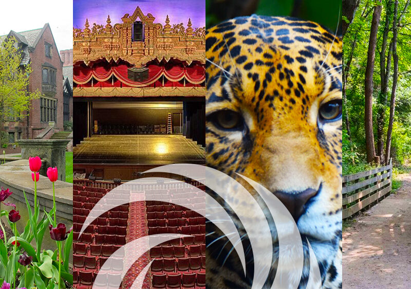 Spring Activity Collage featuring Stan Hywet, Akron Civic, Akron Zoo and Summit Metro Parks.