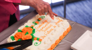Hand cutting graduation cake.