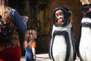 Young kids posing for a picture at an Akron Zoo penguin exhibit