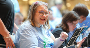 An individual exploring tech options at the tech expo.