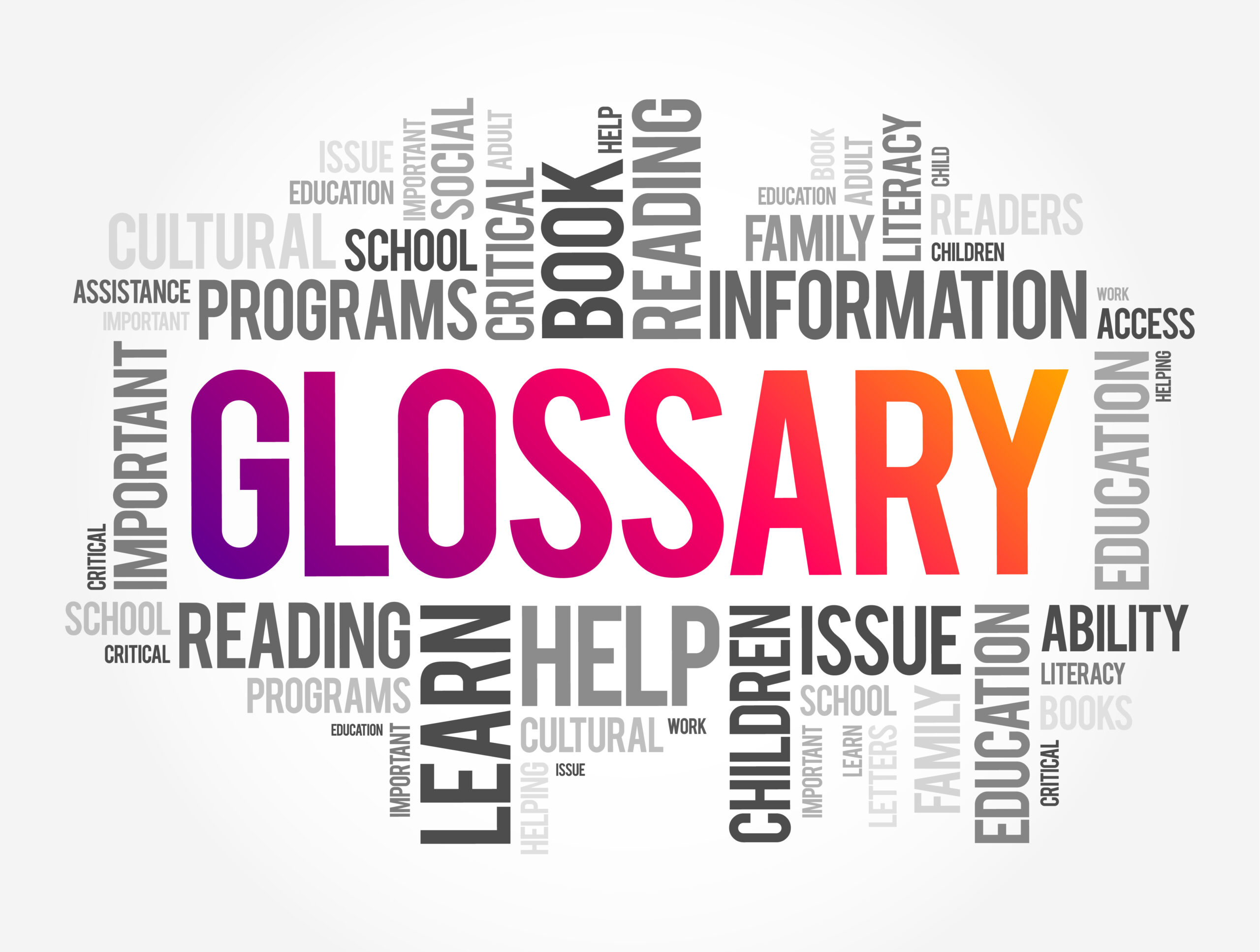 Glossary – an alphabetical list of words relating to a specific subject with explanations, word cloud concept background