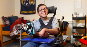 Kent State University student Sam Culbertson in his dorm room.