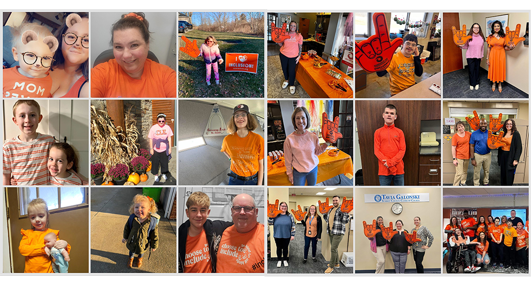 Collage of community members wearing orange to celebrate Inclusion Day.