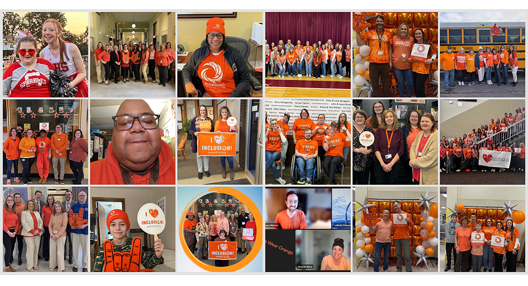 Collage of community members wearing orange to celebrate Inclusion Day.