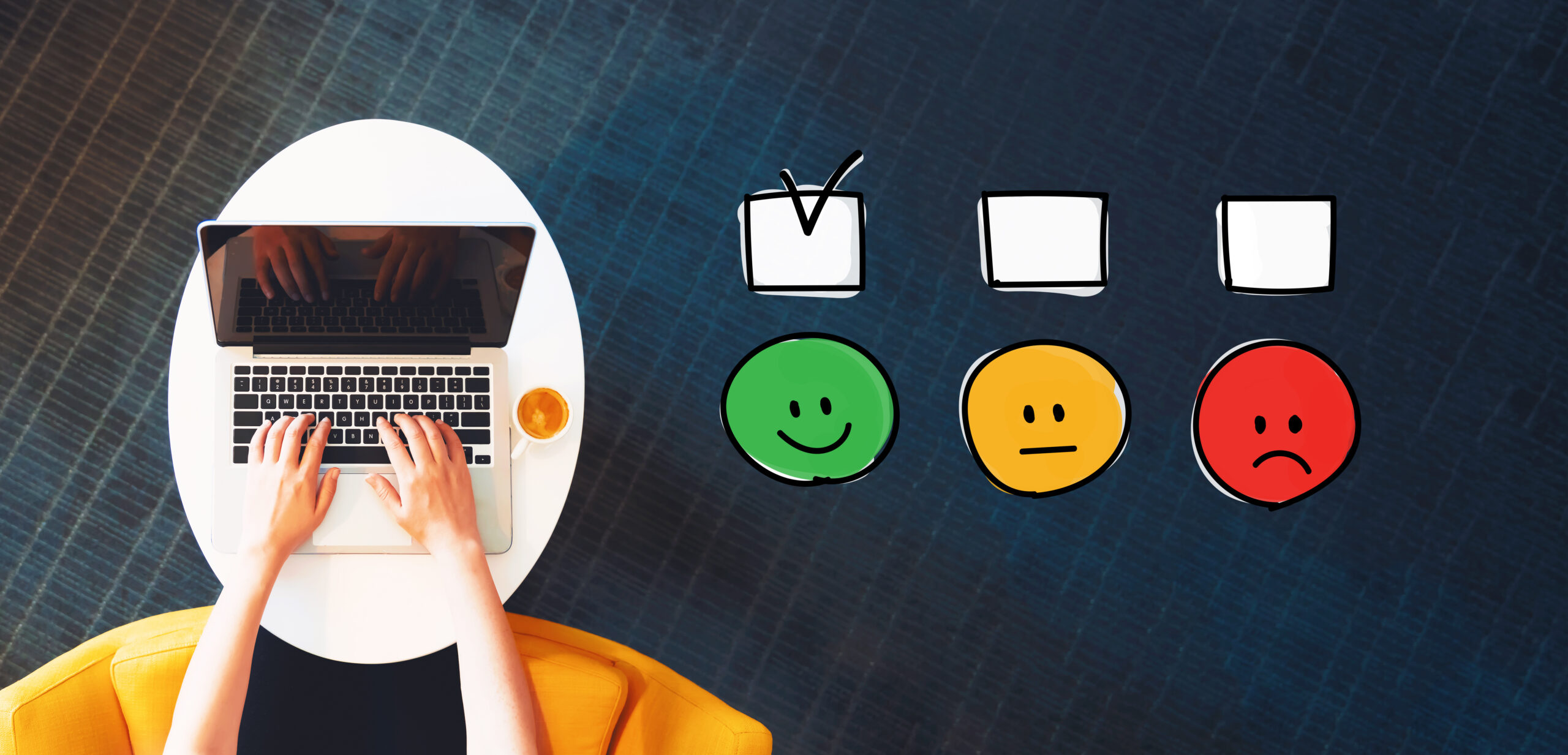 illustrated survey icons next to a person using a laptop on a white table
