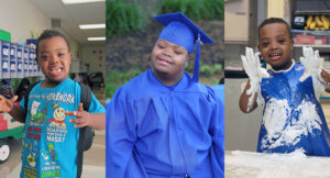 Collage of young man, Travis, in his high school graduation cap-and-gown. Next to photos of him smiling at his daycare program as a child over a decade ago.