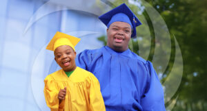2 images of the same young man with Down syndrome smiling. One taken from a preschool graduation ceremony, the other taken of him with a high school cap and gown.