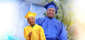 Collage of high school graduate, Travis, smiling in his cap-and-gown. Next to a photo of him over a decade ago smiling in his daycare graduation cap-and-gown.