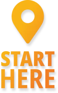Yellow-orange graphic of starting marker with the words Start Here underneath