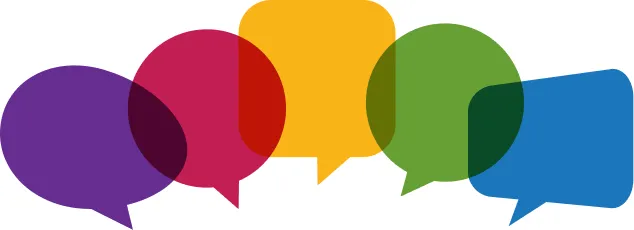 5 colors of overlapping comic book style speech bubbles