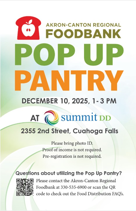 Flyer for Akron-Canton Regional Foodbank's pop up pantry being held at Summit DD