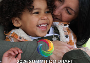 Image of 2026 DRAFT Action Plan showing a mom hugging her toddler son - both with big smiles. The Words: 2026 Summit DD Draft Action Plan are written at the bottom of the page along with the colorful Summit DD icon from the Summit DD logo