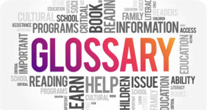 Word collage graphic titled Glossary. Surrounded by various terms like Help, Learn, Information, and more.