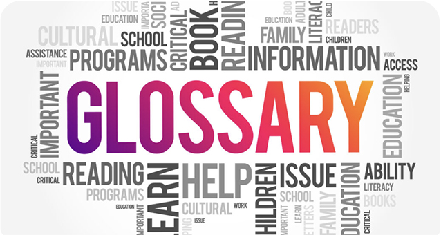 Word collage graphic titled Glossary. Surrounded by various terms like Help, Learn, Information, and more.