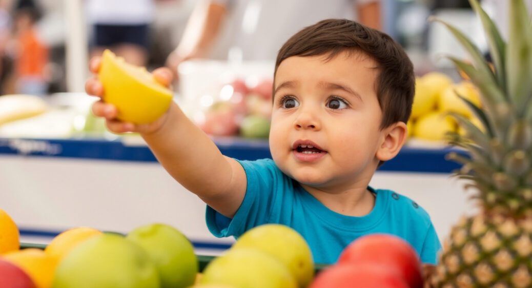Toddler holding slice of fresh fruit in his hand