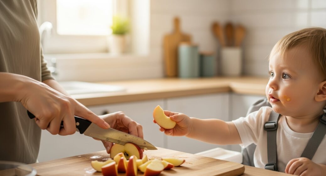 .Baby in highchair holding apple slice next to mother slicking apple with a knife
