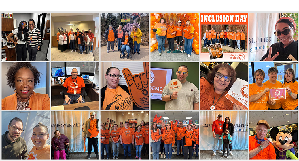 Large collage of Summit county residents, businesses and organizations wearing orange in celebration of Inclusion Day.