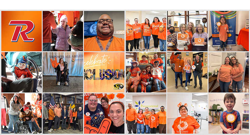 Large collage of Summit county residents, businesses and organizations wearing orange in celebration of Inclusion Day.