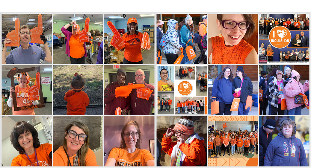 Large collage of Summit county residents, businesses and organizations wearing orange in celebration of Inclusion Day.