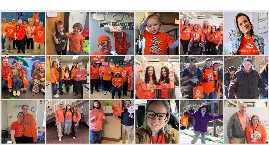 Large collage of Summit county residents, businesses and organizations wearing orange in celebration of Inclusion Day.