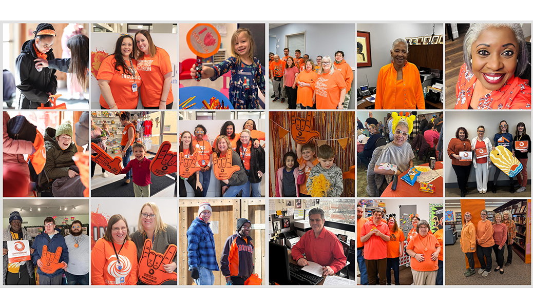 Large collage of Summit county residents, businesses and organizations wearing orange in celebration of Inclusion Day.